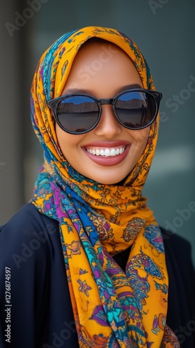 Smiling Woman in Vibrant Scarf and Sunglasses Poses Against a Blurred Background