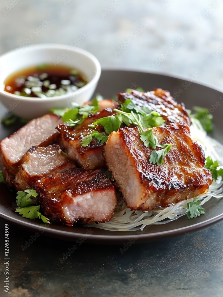 Delightful Vietnamese grilled pork with noodles served with fresh herbs and dipping sauce Delightful Vietnamese grilled pork with noodles served with fresh herbs and dipping sauce