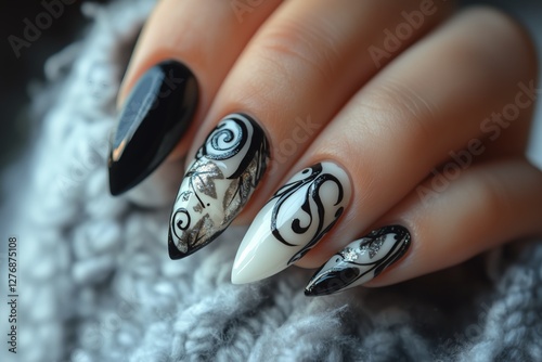 Elegant Black and White Nail Art With Intricate Designs and Embellishments