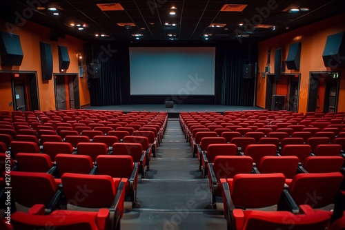 Modern Cinema Auditorium With Empty Red Seats and Large Screen Ready for a Fi...