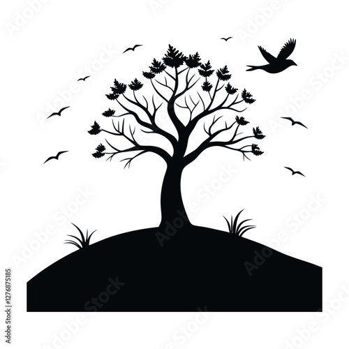 A lone tree on a hill with birds flying silhouette vector tree with roots