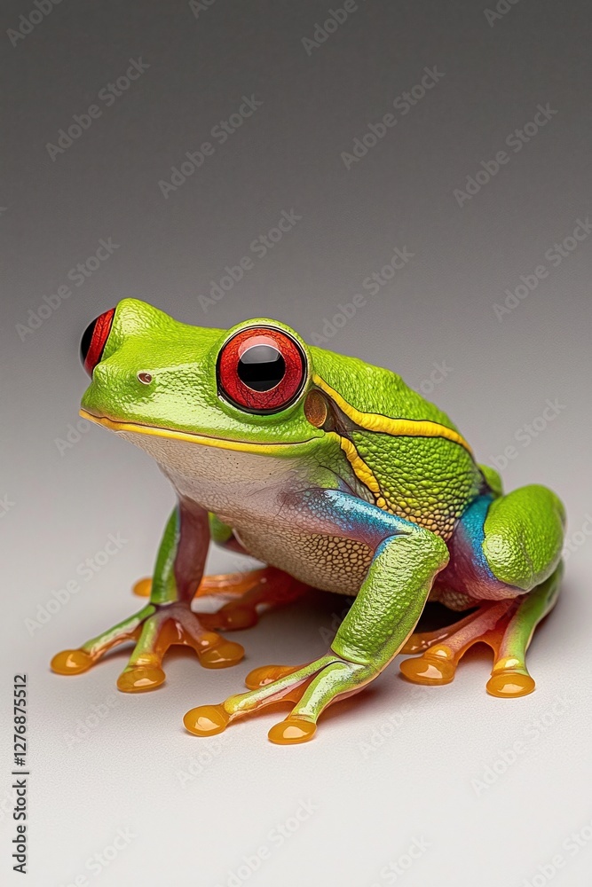 Obraz premium Red-eyed tree frog perched with vibrant colors and striking eyes on a white background