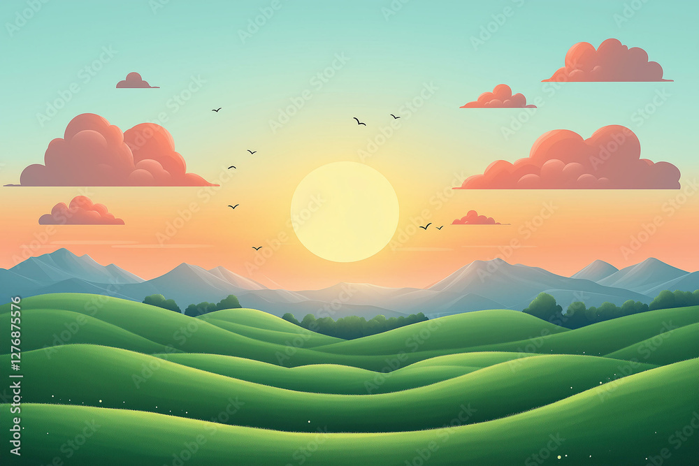 Obraz premium Nature landscape with green field. Spring fields on sunrise, rural farm scenery with sun grass trees and mountains. Summer countryside view. Cartoon minimal illustration