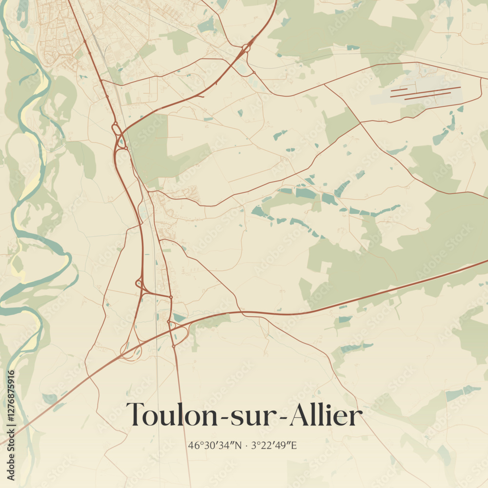 Fototapeta premium Vintage map of Toulon-sur-Allier, France.
