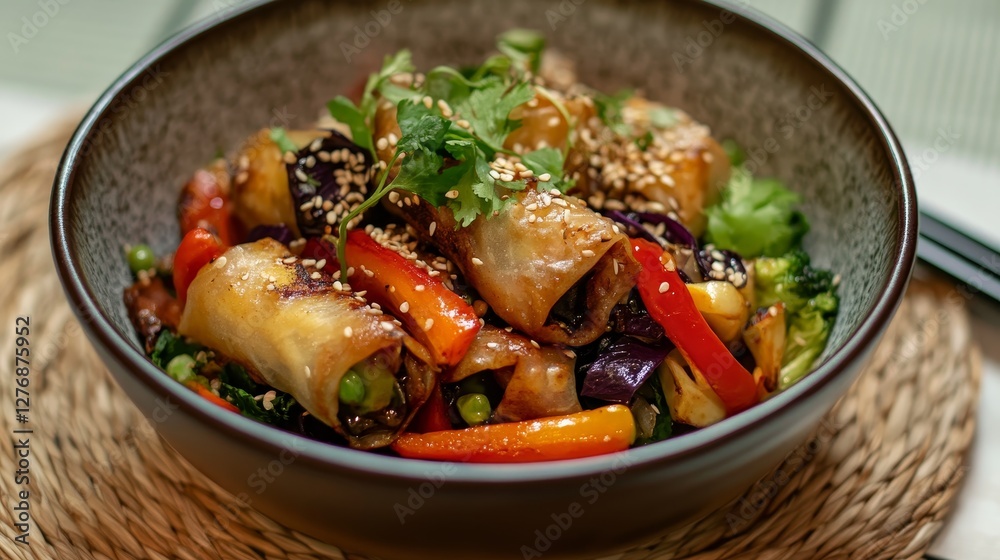 Delicious Spring Rolls with Stir-fried Vegetables - A flavorful bowl of spring rolls and stir-fried vegetables, garnished with sesame seeds and fresh herbs. A healthy and delicious meal Delicious Spring Rolls with Stir-fried Vegetables - A flavorful bowl of spring rolls and stir-fried vegetables, garnished with sesame seeds and fresh herbs. A healthy and delicious meal