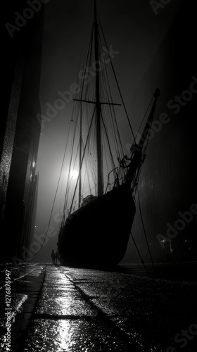 Sailing Boat With Black Sails Gliding Across Calm Waters at Dusk With Birds F...