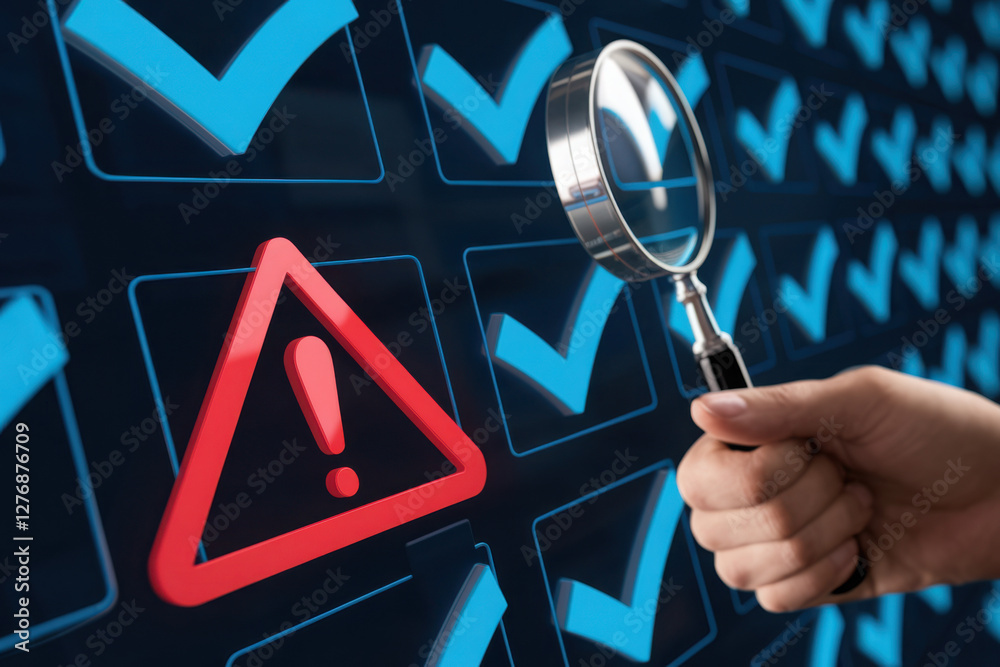 System engineer identifying problem in computer network system. Red triangle with exclamation mark and many other checkmark icons. Hand holding magnifying glass.
