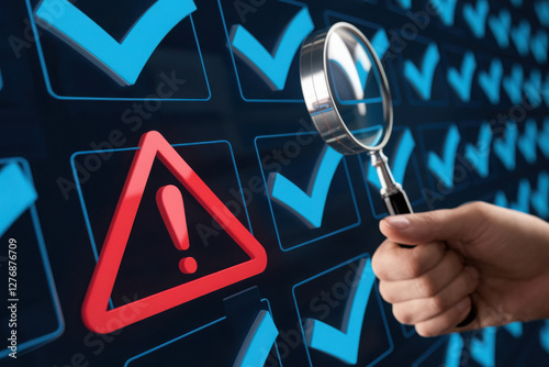 Obraz na płótnie System engineer identifying problem in computer network system. Red triangle with exclamation mark and many other checkmark icons. Hand holding magnifying glass. w salonie
