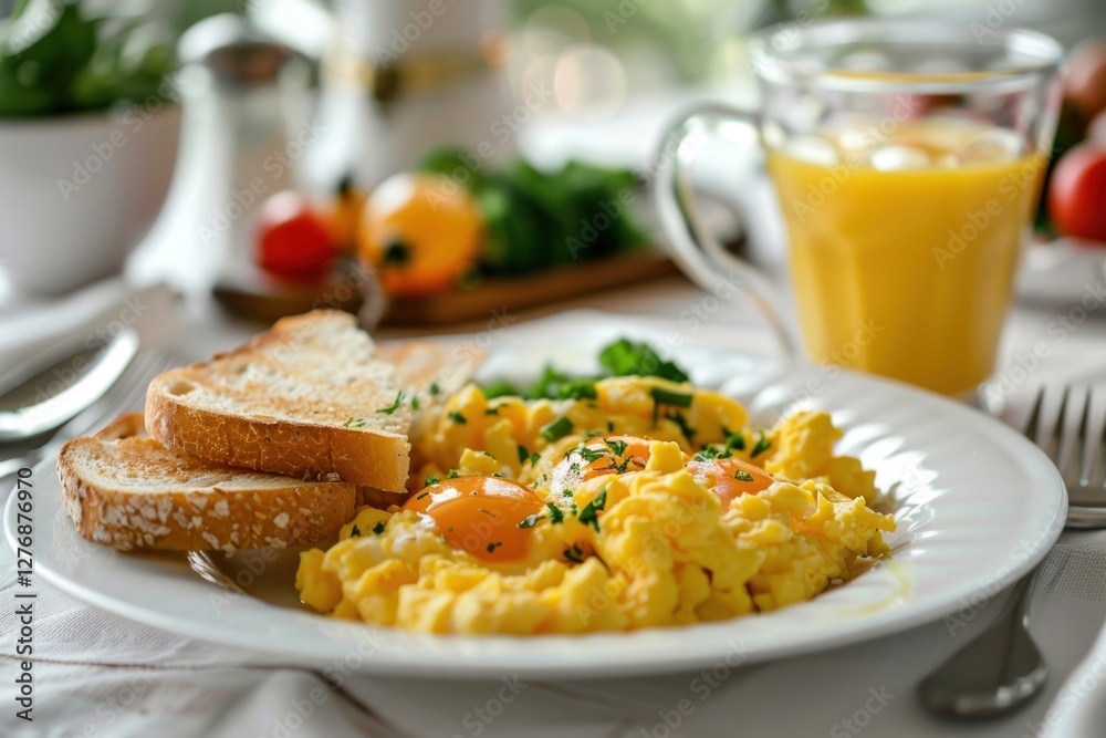Breakfast with scrambled eggs brunch bread plate. Breakfast with scrambled eggs brunch bread plate.