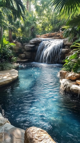 Relaxing Tropical Pool With Waterfall Surrounded by Lush Greenery During the Day