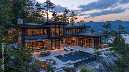Modern luxury home with pool at sunset, surrounded by trees and mountains