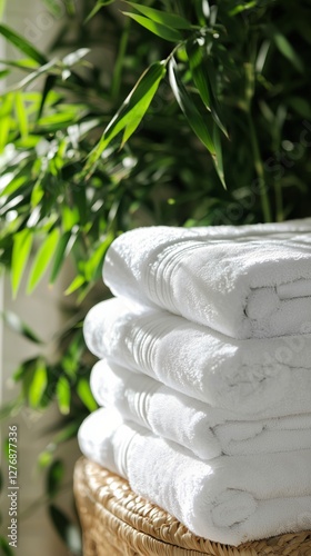 Soft White Towels Stacked Near Lush Green Indoor Plants in a Serene Environment