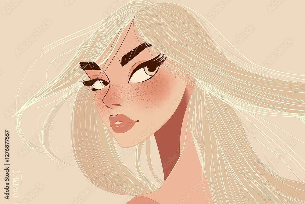 Asian woman face. Fashion female portrait with blonde hair and big eyes, trendy korean japanese girl avatar with cute cartoon features, beauty concept. Contemporary stylized illustration Asian woman face. Fashion female portrait with blonde hair and big eyes, trendy korean japanese girl avatar with cute cartoon features, beauty concept. Contemporary stylized illustration