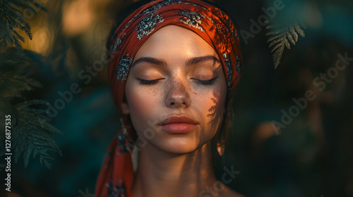 Serene woman in colorful headscarf amidst lush greenery during golden hour