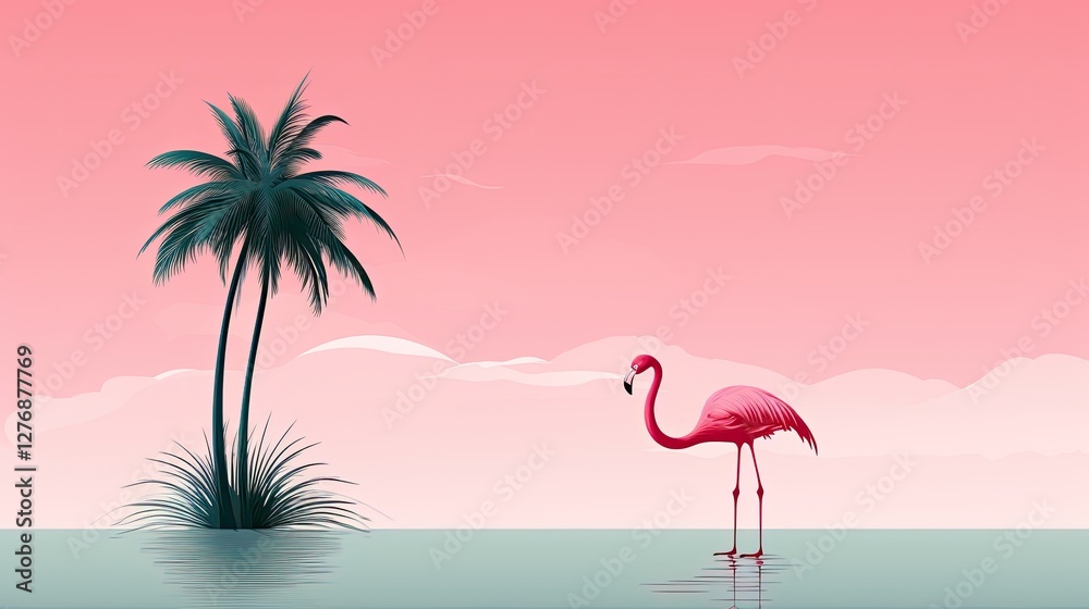 Naklejka premium A lone pink flamingo stands in shallow water against a dreamy pastel sky with a dark silhouette of a palm tree