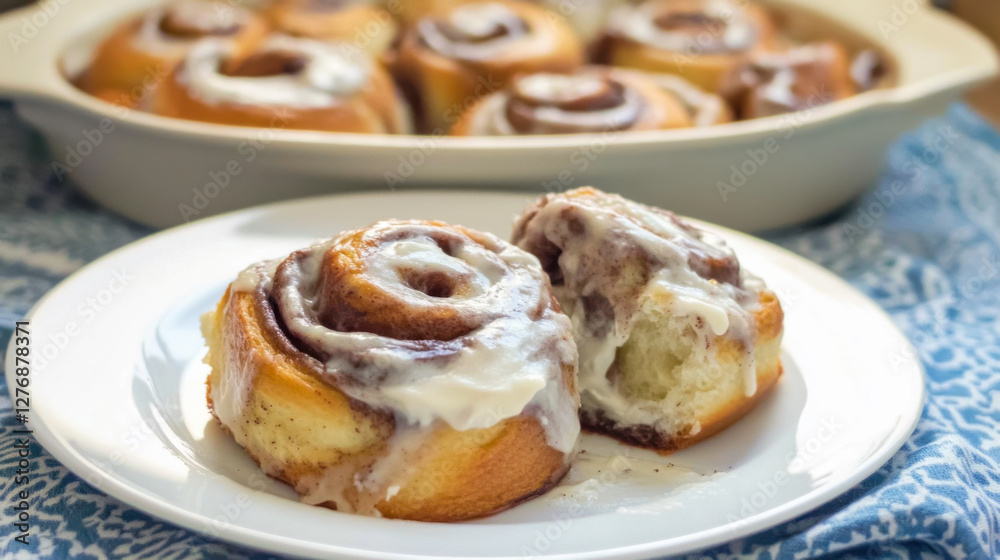 Homemade cinnamon rolls baked in a blue dish with sweet cream cheese frosting served on a white plate Homemade cinnamon rolls baked in a blue dish with sweet cream cheese frosting served on a white plate