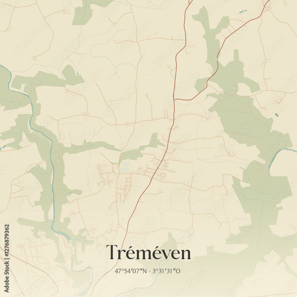 Fototapeta premium Vintage map of Tréméven, France.