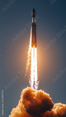 Rocket Launches Into the Clear Sky Amid Vibrant Clouds During a Bright Daytime