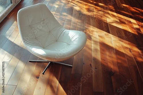 Modern White Chair on Wooden Floor Illuminated by Sunlight in a Spacious Room