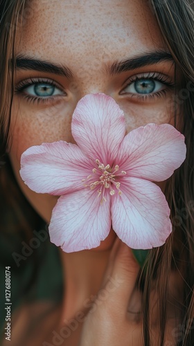 Woman Holding Pink Flower Close to Her Face With Clear Blue Eyes and Natural ...