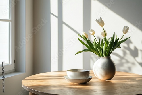 Elegant White Tulips in a Simple Vase on a Wooden Table With Soft Sunlight St...