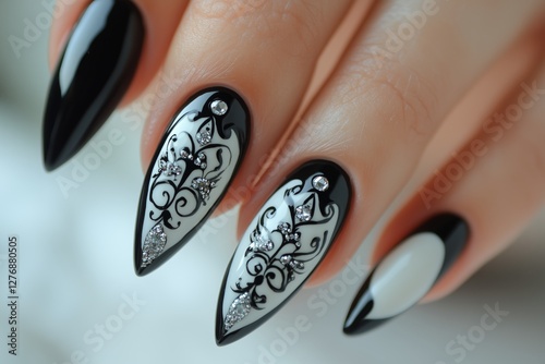 Elegant Black and White Nail Art With Intricate Designs and Embellishments
