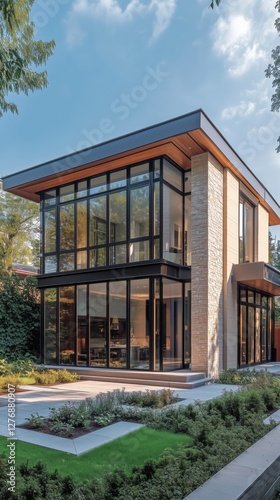 Modern House With Glass Facade Lit up at Dusk Amid Greenery