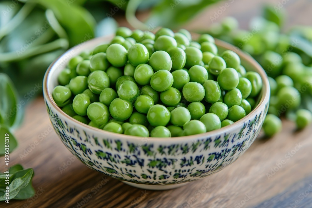 Fresh and Vibrant Green Peas in Decorative Bowl on Wooden Table Fresh and Vibrant Green Peas in Decorative Bowl on Wooden Table