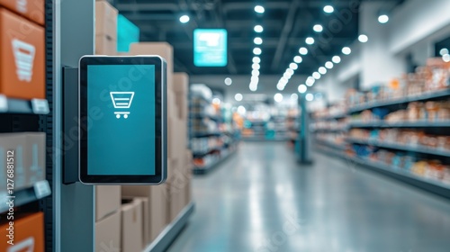 A digital shopping cart icon is displayed on a screen in a modern retail store aisle filled with neatly organized boxes.