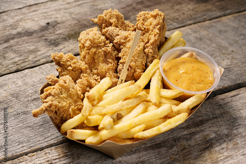 Batter fried chicken tender strips with French fries and dipping sauces in paper food basket on rustic wood surface