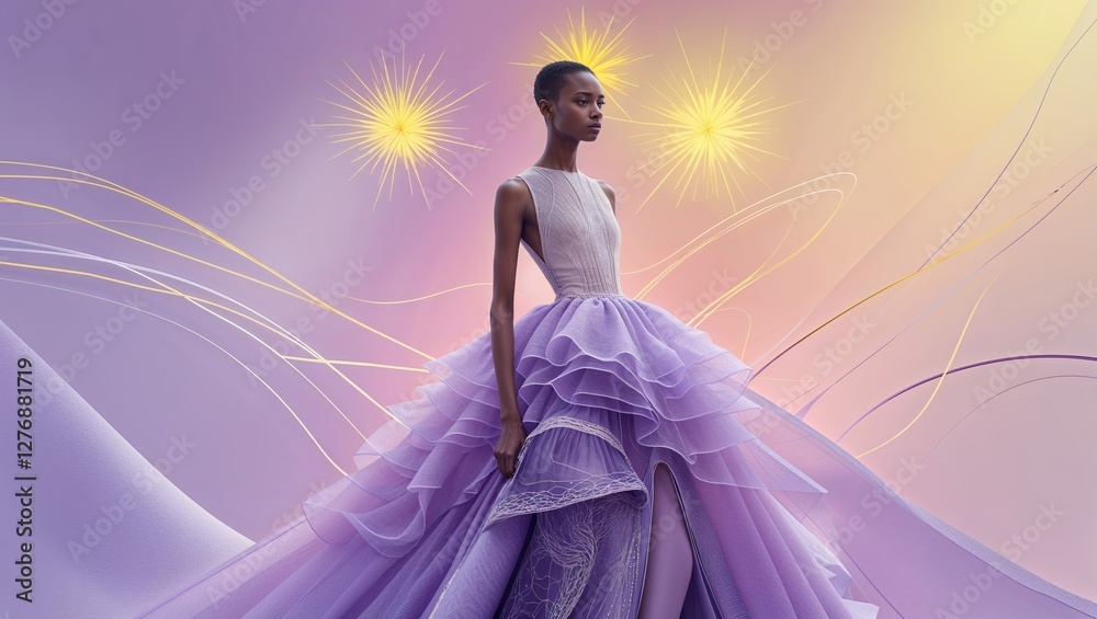 Fototapeta premium Elegant Woman in Lavender Gown with Decorative Stars on Dreamy Background Fashion Portrait