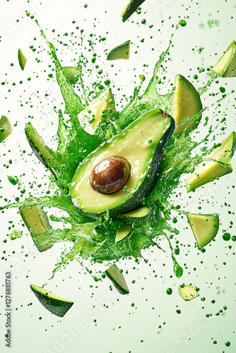 Exploding avacado burst, vibrant green and green color palette, juice splashes and avacado fragments flying outward photo