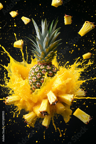 Exploding pineapple burst, vibrant yellow and yellow color palette, juice splashes and pineapple fragments flying outward photo