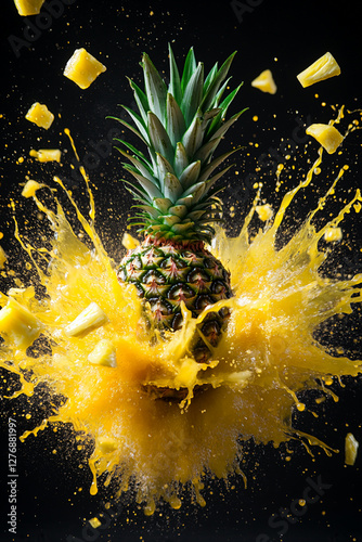 Exploding pineapple burst, vibrant yellow and yellow color palette, juice splashes and pineapple fragments flying outward photo