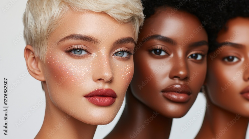 A close-up of three women with diverse skin tones and hairstyles, showcasing beauty and harmony. A close-up of three women with diverse skin tones and hairstyles, showcasing beauty and harmony.