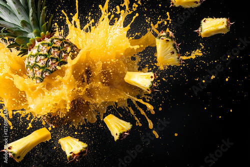 Exploding pineapple burst, vibrant yellow and yellow color palette, juice splashes and pineapple fragments flying outward photo