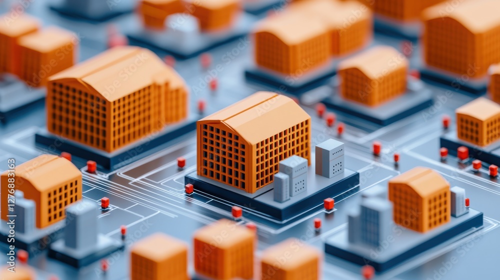 A digital representation of a cityscape featuring miniature orange buildings on a circuit board, symbolizing urban development and technology. A digital representation of a cityscape featuring miniature orange buildings on a circuit board, symbolizing urban development and technology.