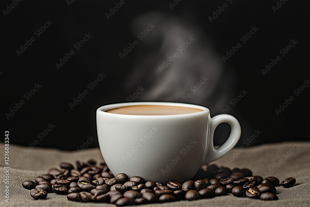 Steaming Coffee Cup with Beans: A white ceramic cup, brimming with aromatic, hot coffee, is nestled amidst a bed of roasted coffee beans. Steaming Coffee Cup with Beans: A white ceramic cup, brimming with aromatic, hot coffee, is nestled amidst a bed of roasted coffee beans.
