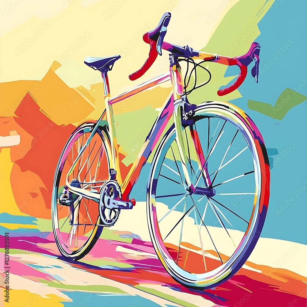 Fototapeta premium Colorful bicycle illustration, vibrant art style, dynamic pose, digital painting, background