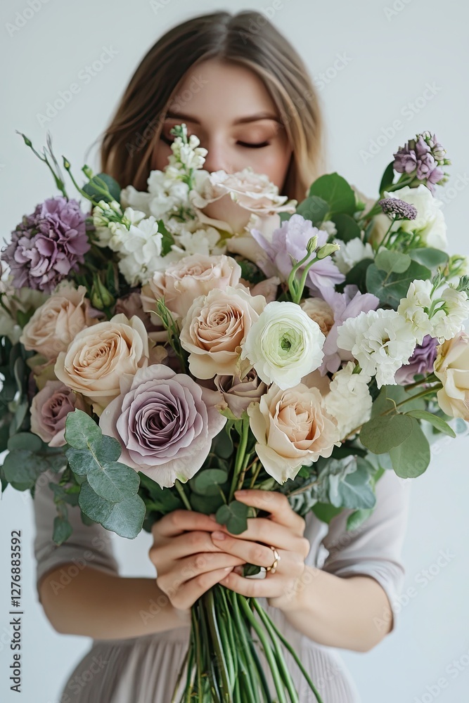 Naklejka premium young woman holding a large bouquet of fresh roses, hiding her face behind the bouquet, eustoma, eucalyptus, carnations hydrangea