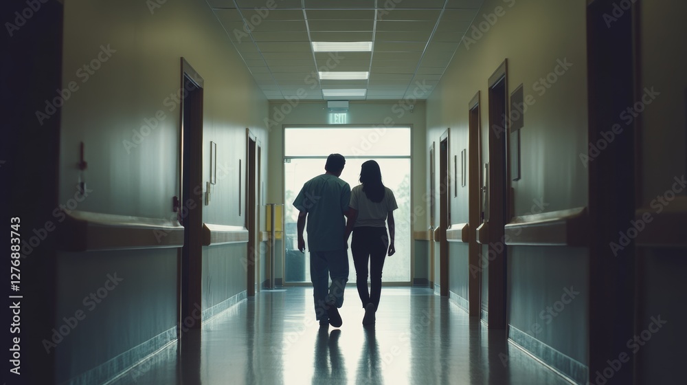 Hospital discharge with a patient walking through the hospital doors with a nurse beside them. Featuring hope and care Hospital discharge with a patient walking through the hospital doors with a nurse beside them. Featuring hope and care