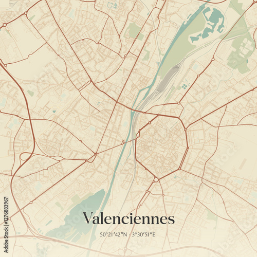 Vintage map of Valenciennes, France.