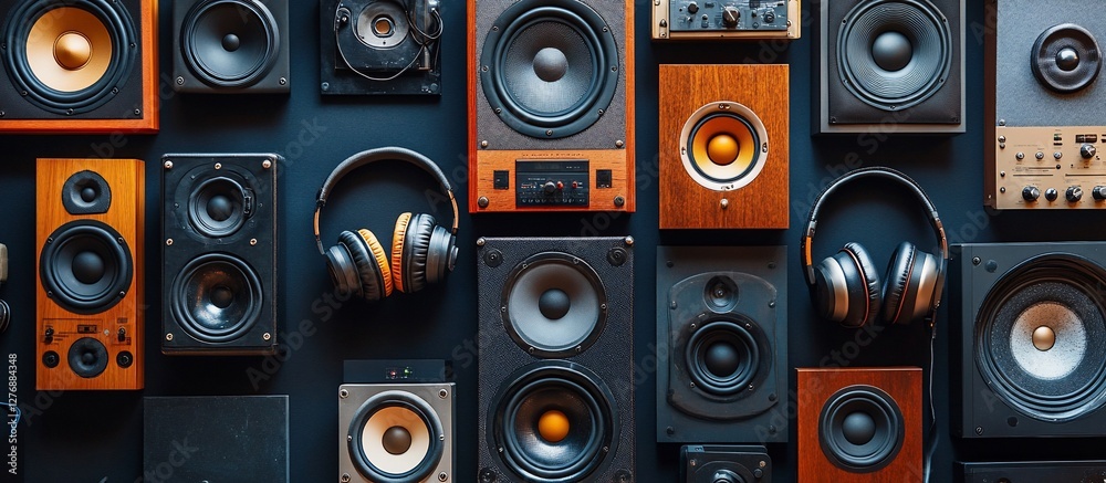 Obraz premium A vibrant collection of vintage audio speakers and headphones against a dark wall