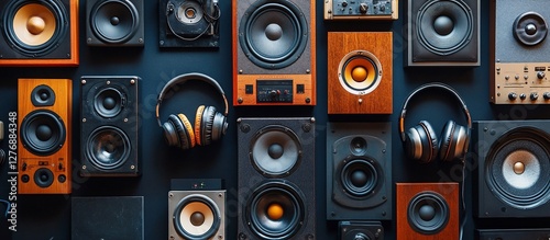 A vibrant collection of vintage audio speakers and headphones against a dark wall
