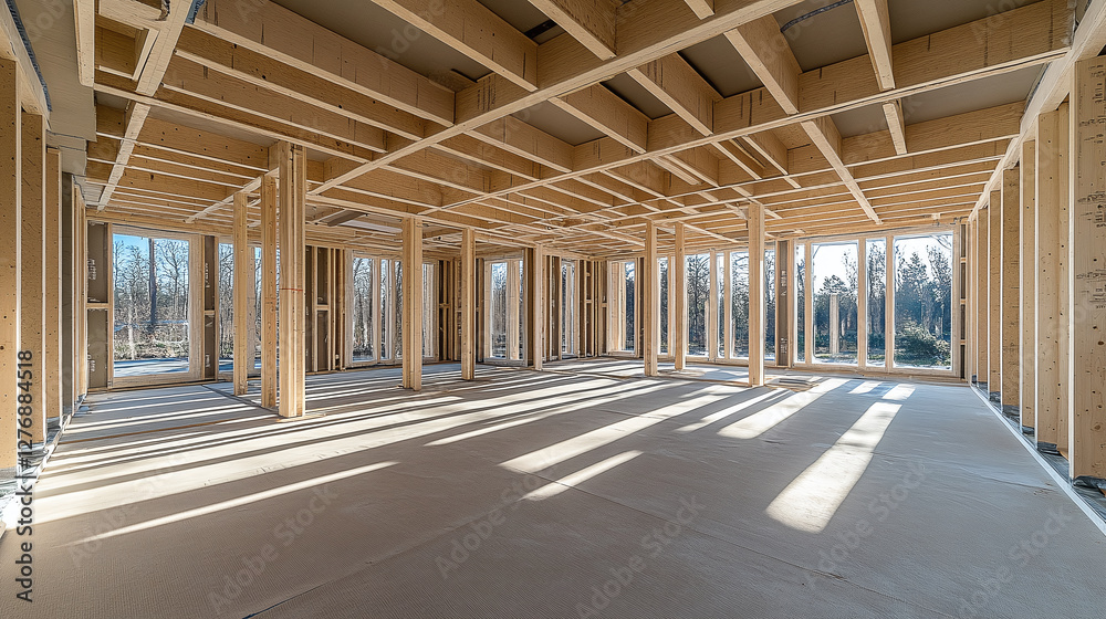 Naklejka premium Interior view of a wood-framed house under construction, featuring exposed studs and beams. Sunlight streams through window openings, casting shadows.