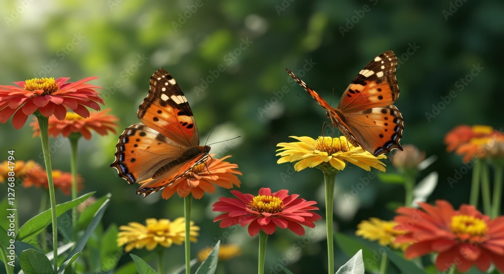 Vibrant butterflies on colorful flowers in a lush garden setting Vibrant butterflies on colorful flowers in a lush garden setting