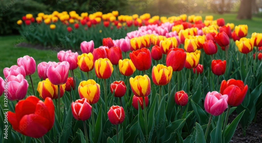 Vibrant spring tulips in bloom at sunset in lush garden setting Vibrant spring tulips in bloom at sunset in lush garden setting