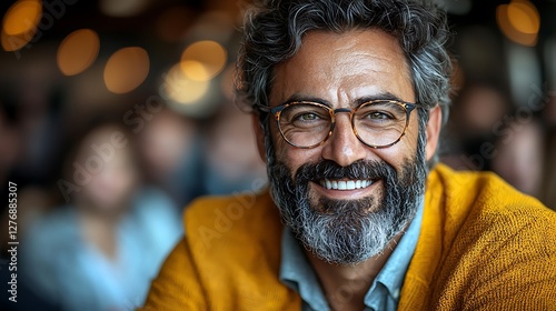 Happy mature man with graying hair and beard smiles warmly, wearing round glasses and a mustardyellow cardigan.  Perfect for themes of happiness, confidence, and aging gracefully. photo