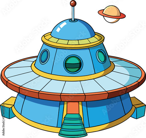 Futuristic and Colorful Minimalist Vector Illustration of a Cartoon Space Station – High-Quality Digital Art with a Sci-Fi, Space, and Modern Design