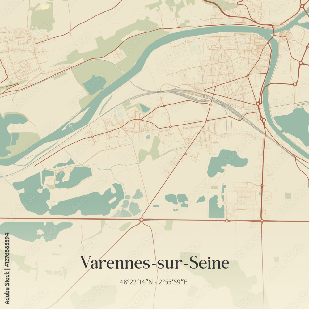 Obraz premium Vintage map of Varennes-sur-Seine, France.